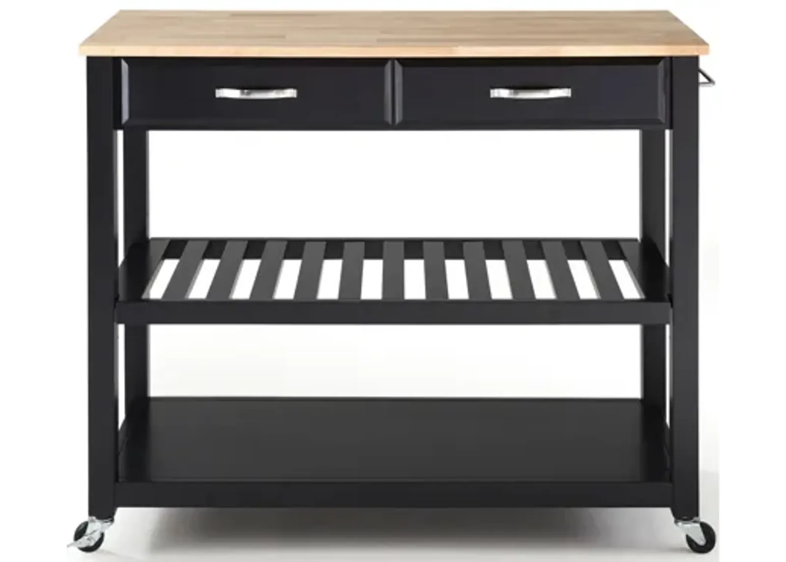 Natural Wood Top Kitchen Cart/Island with Optional Stool Storage in Black