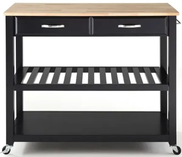 Natural Wood Top Kitchen Cart/Island with Optional Stool Storage in Black