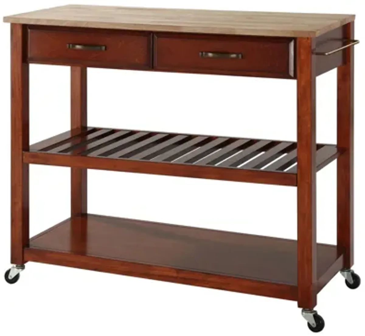 Natural Wood Top Kitchen Cart/Island with Optional Stool Storage in Classic Cherry