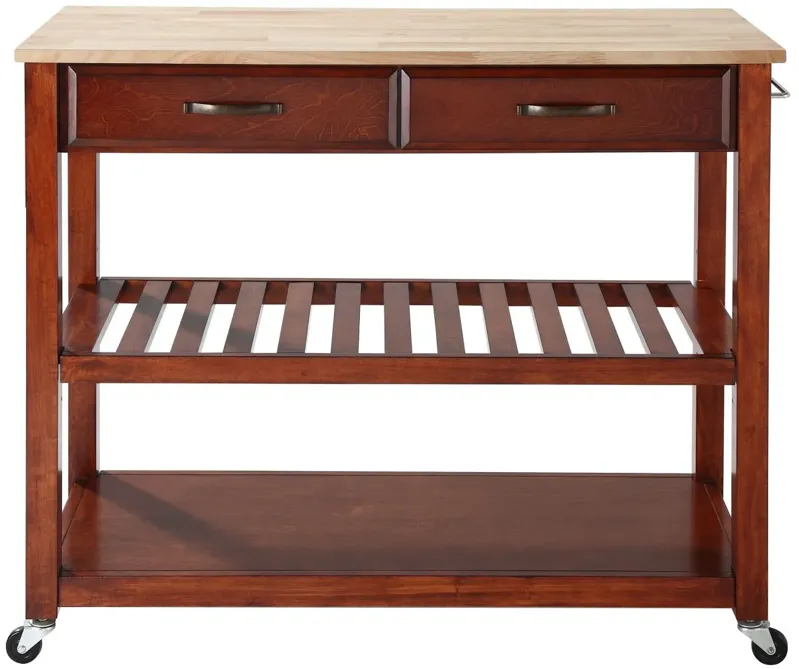 Natural Wood Top Kitchen Cart/Island with Optional Stool Storage in Classic Cherry
