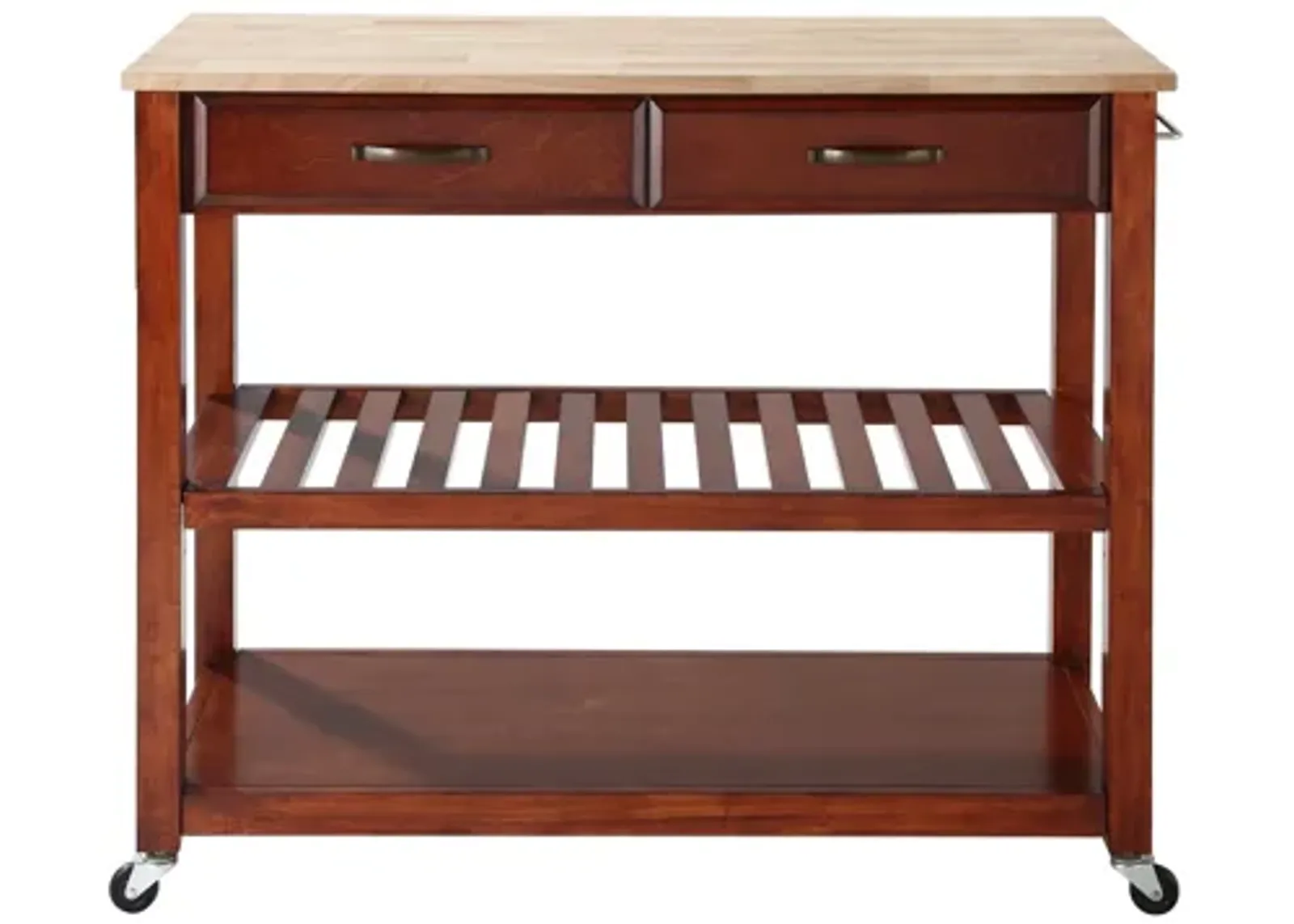 Natural Wood Top Kitchen Cart/Island with Optional Stool Storage in Classic Cherry