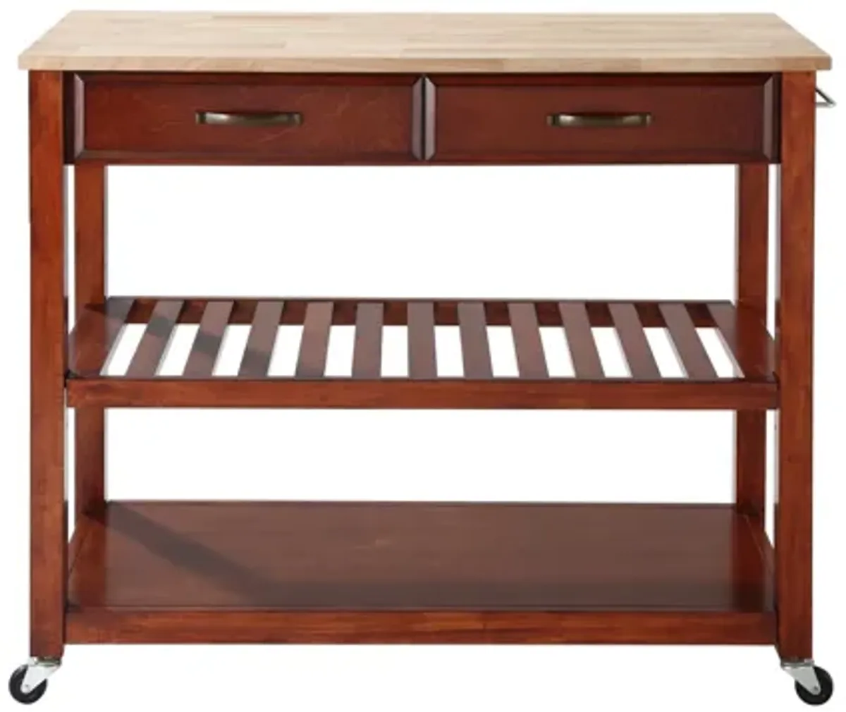 Natural Wood Top Kitchen Cart/Island with Optional Stool Storage in Classic Cherry