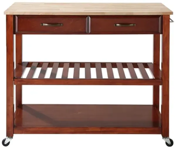 Natural Wood Top Kitchen Cart/Island with Optional Stool Storage in Classic Cherry