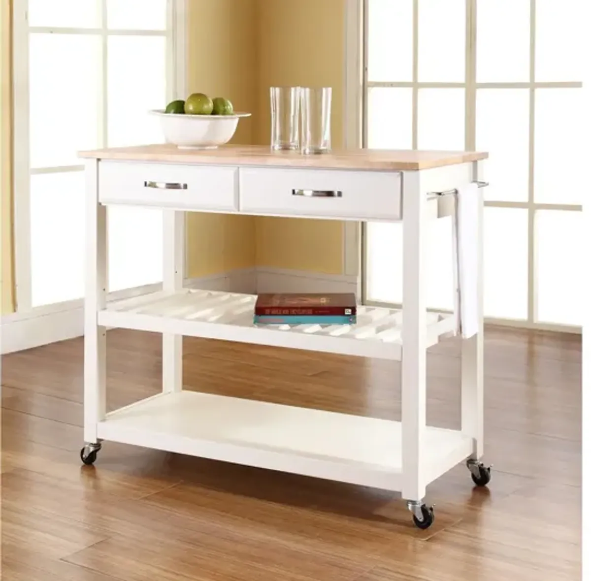 Natural Wood Top Kitchen Cart/Island with Optional Stool Storage in White