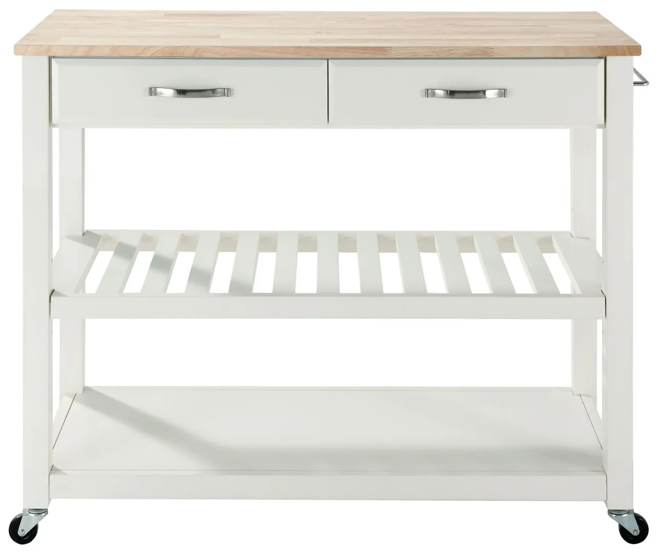 Natural Wood Top Kitchen Cart/Island with Optional Stool Storage in White