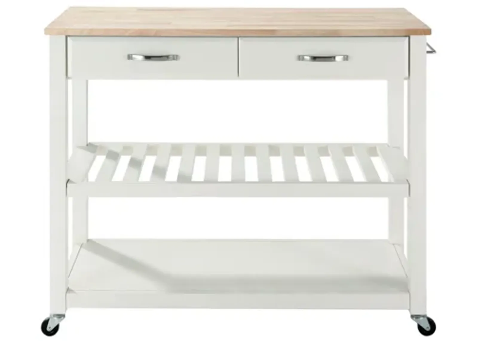 Natural Wood Top Kitchen Cart/Island with Optional Stool Storage in White