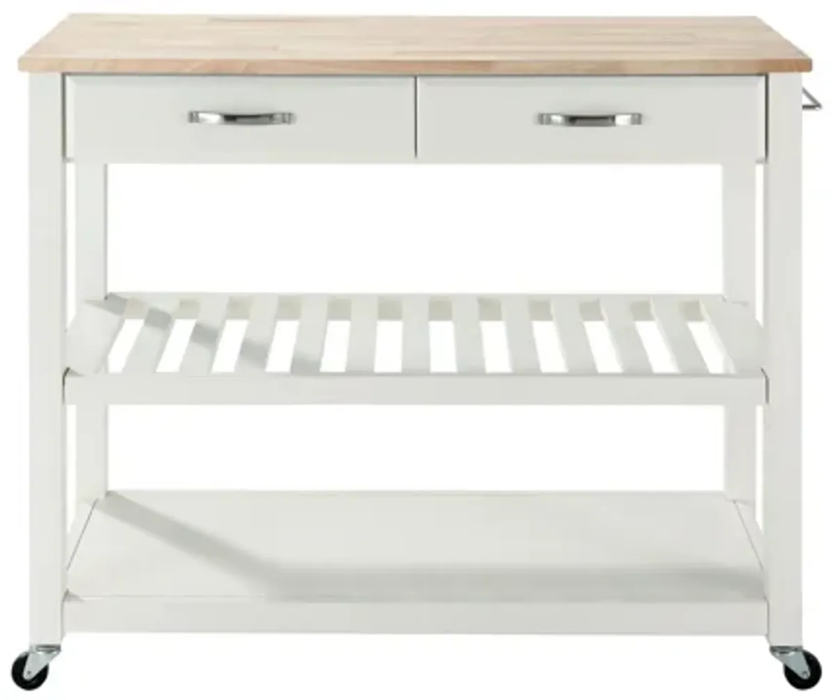 Natural Wood Top Kitchen Cart/Island with Optional Stool Storage in White