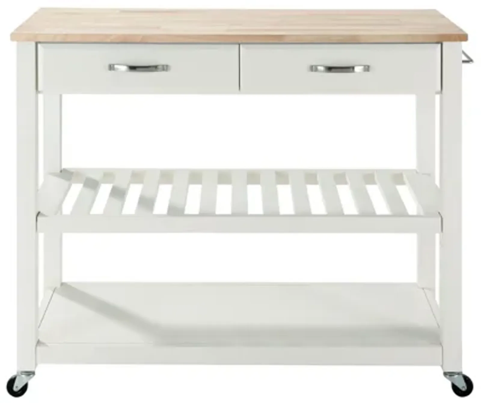 Natural Wood Top Kitchen Cart/Island with Optional Stool Storage in White