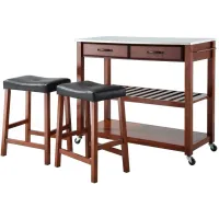 Stainless Steel Top Kitchen Cart/Island in Classic Cherry with 24" Cherry Saddle Stools