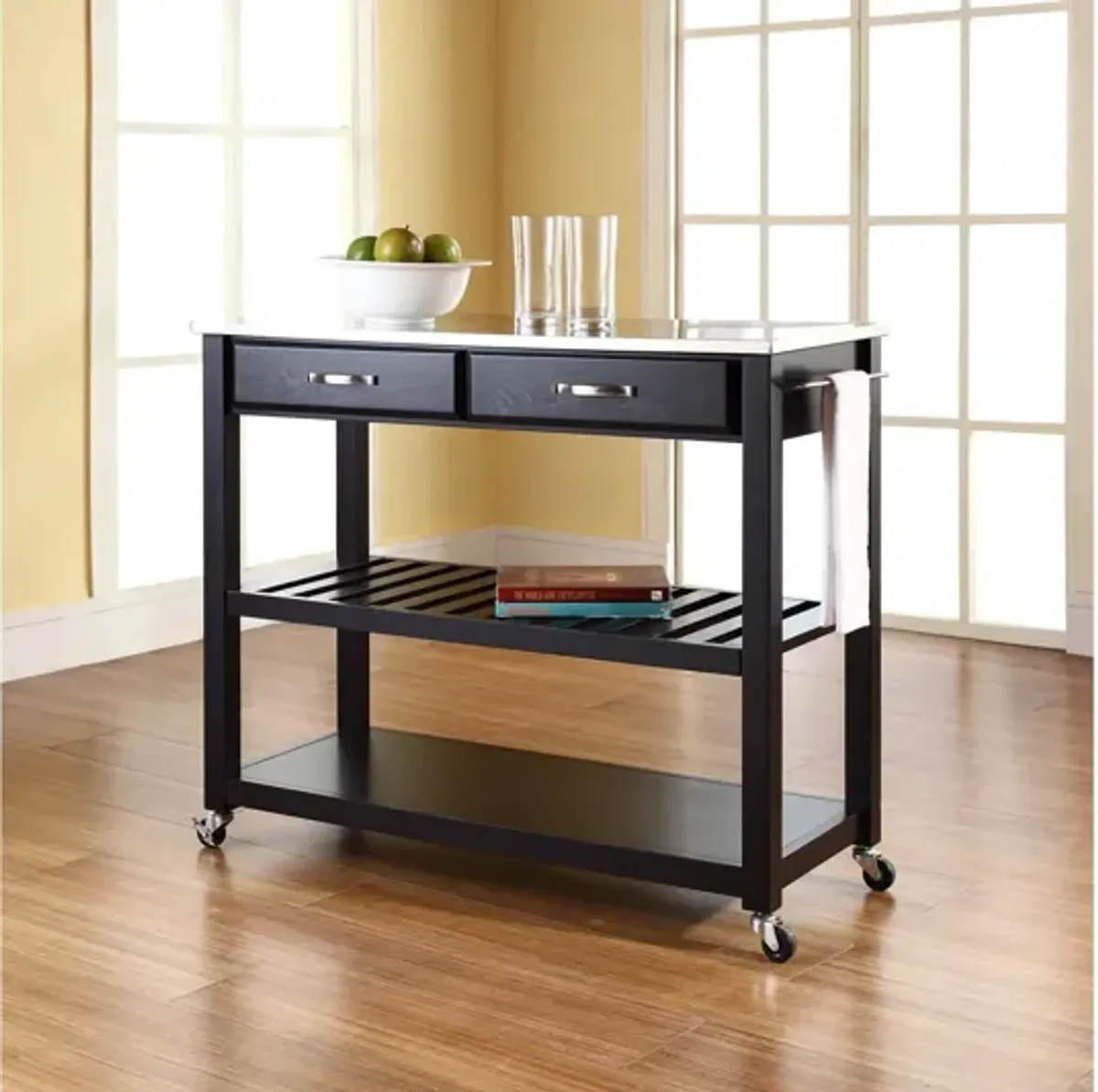 Stainless Steel Top Kitchen Cart/Island with Optional Stool Storage in Black