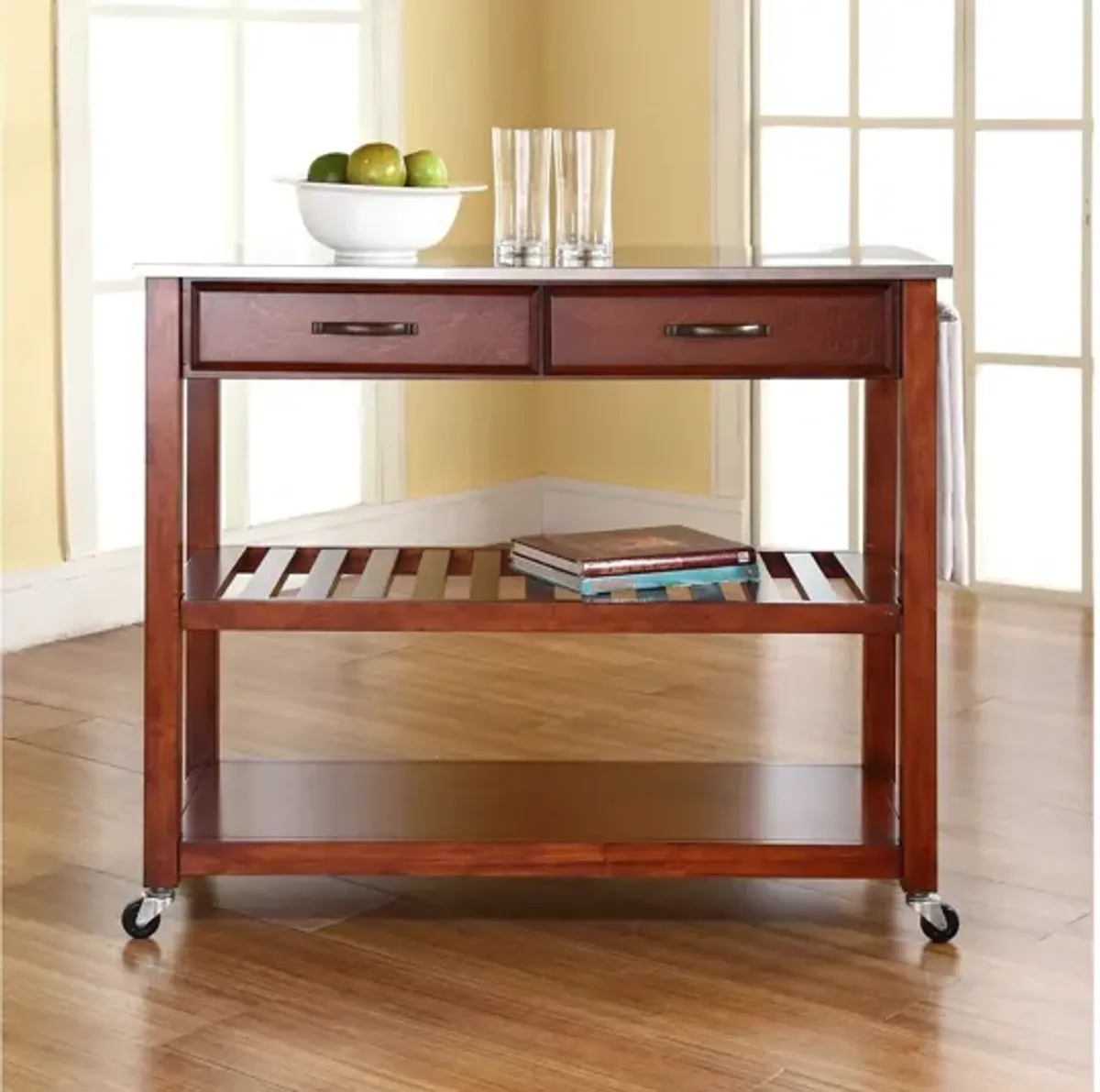 Stainless Steel Top Kitchen Cart/Island with Optional Stool Storage in Classic Cherry