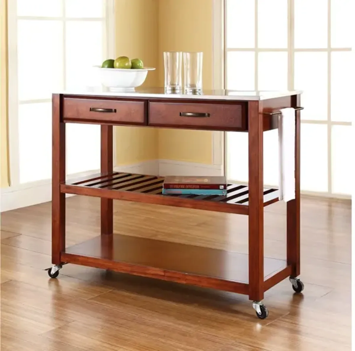 Stainless Steel Top Kitchen Cart/Island with Optional Stool Storage in Classic Cherry