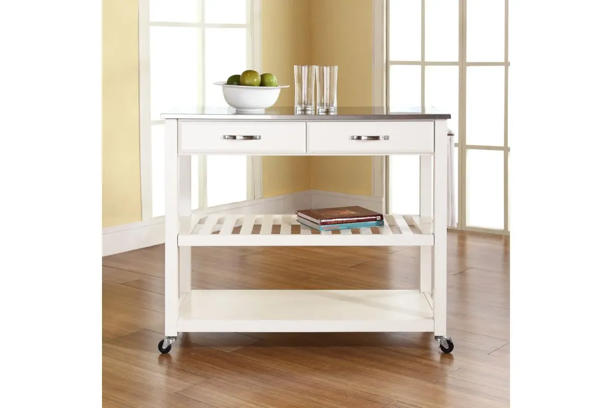 Stainless Steel Top Kitchen Cart/Island with Optional Stool Storage in White