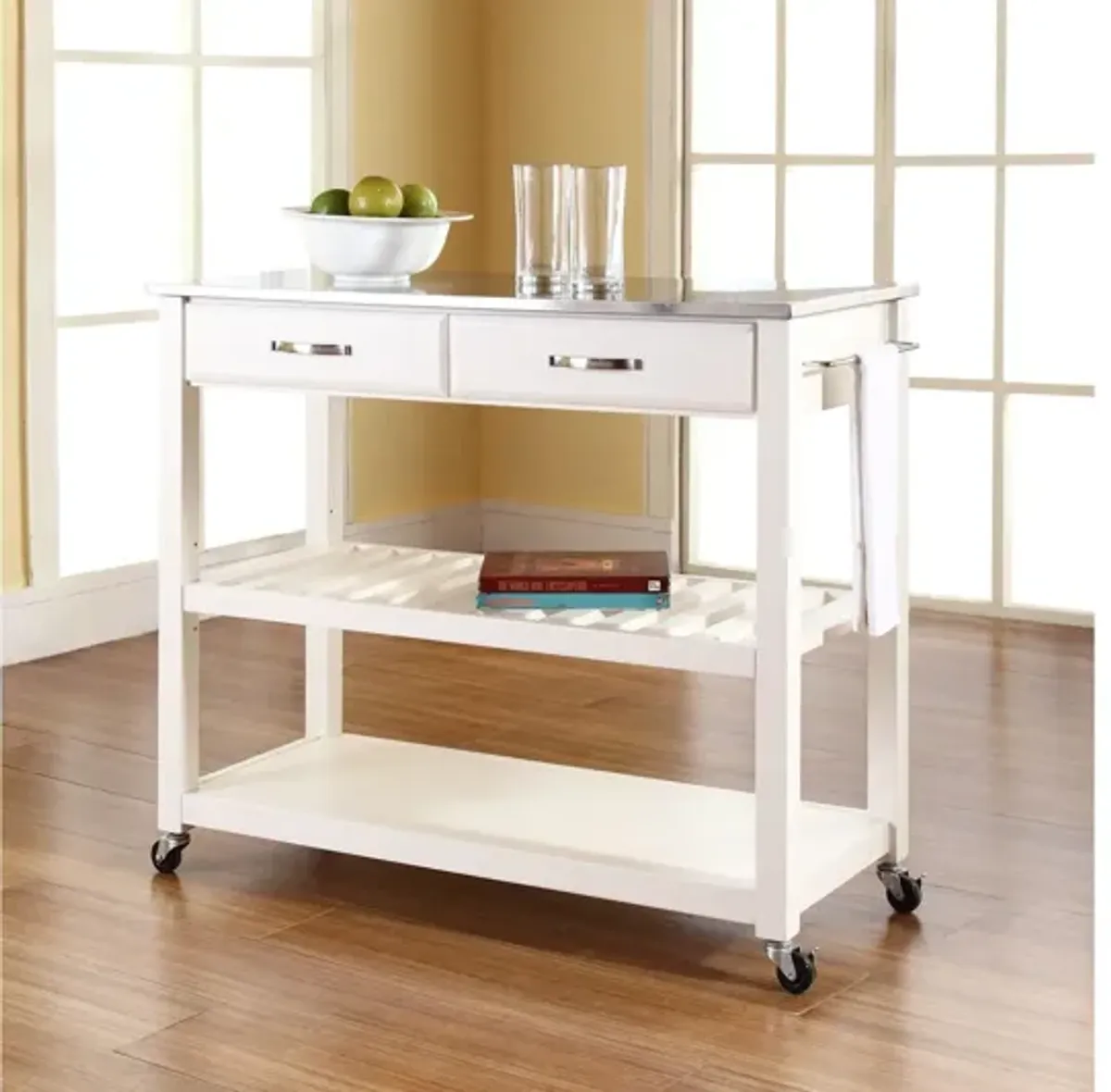 Stainless Steel Top Kitchen Cart/Island with Optional Stool Storage in White