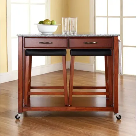 Solid Granite Top Kitchen Cart/Island in Classic Cherry with Two Cherry Saddle Stools