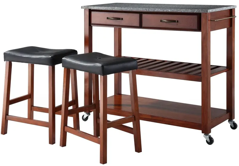 Solid Granite Top Kitchen Cart/Island in Classic Cherry with Two Cherry Saddle Stools
