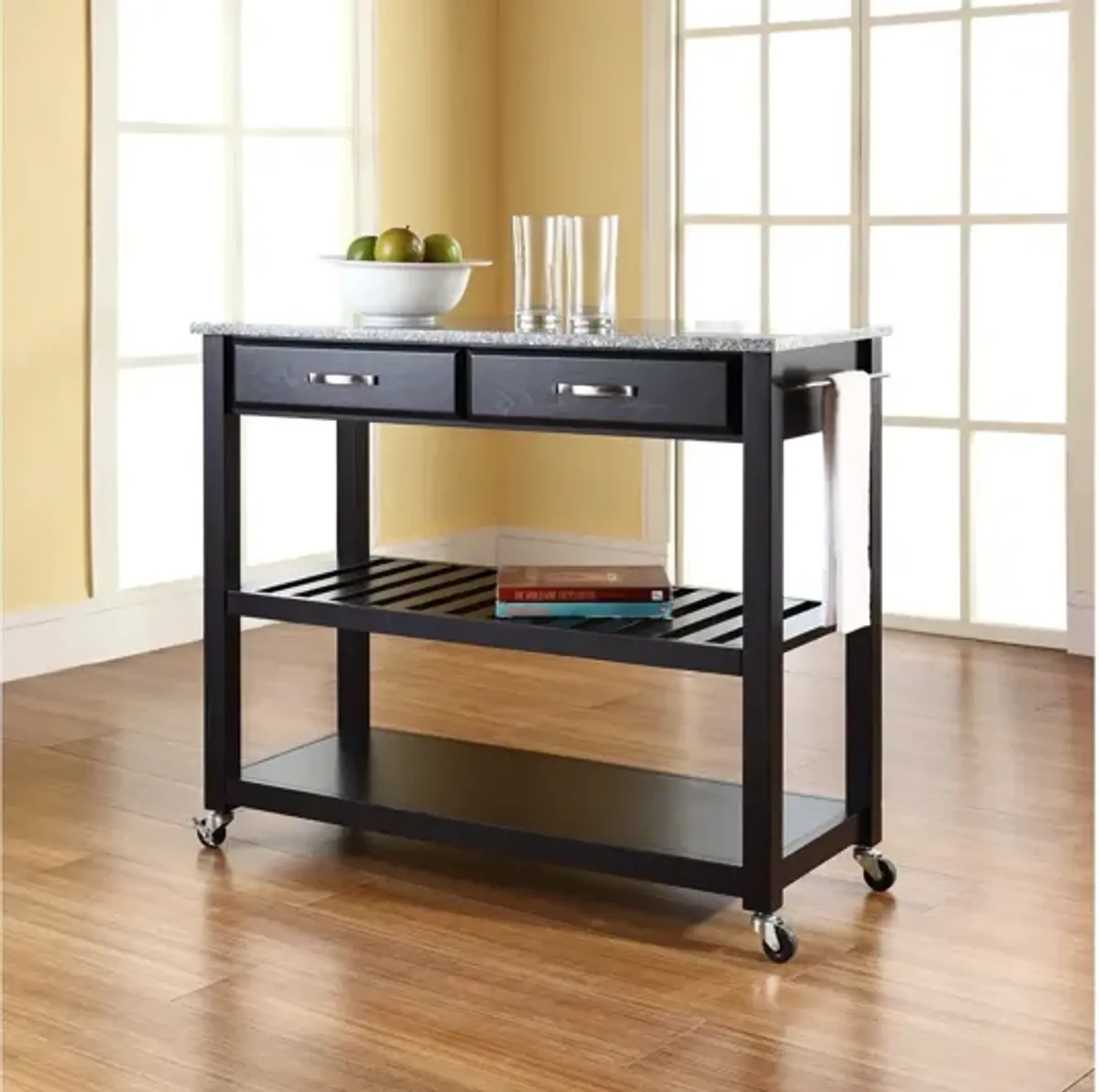 Solid Granite Top Kitchen Cart/Island with Optional Stool Storage in Black