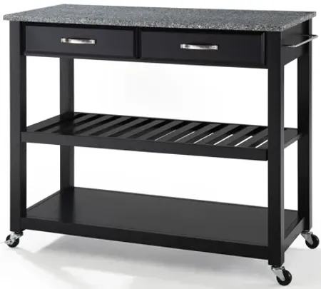 Solid Granite Top Kitchen Cart/Island with Optional Stool Storage in Black