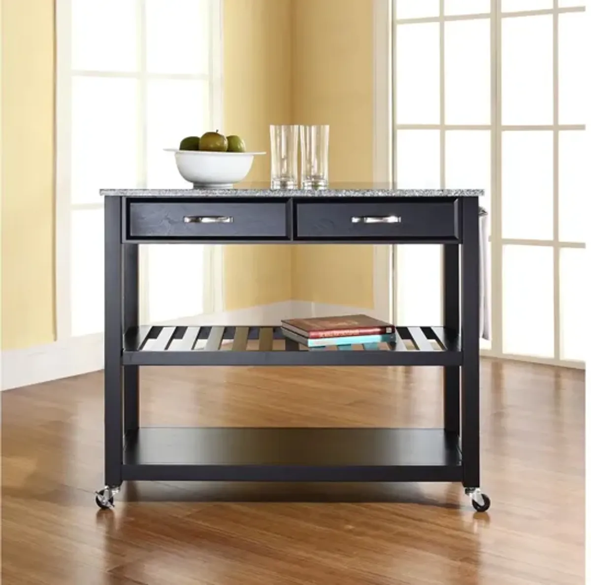 Solid Granite Top Kitchen Cart/Island with Optional Stool Storage in Black