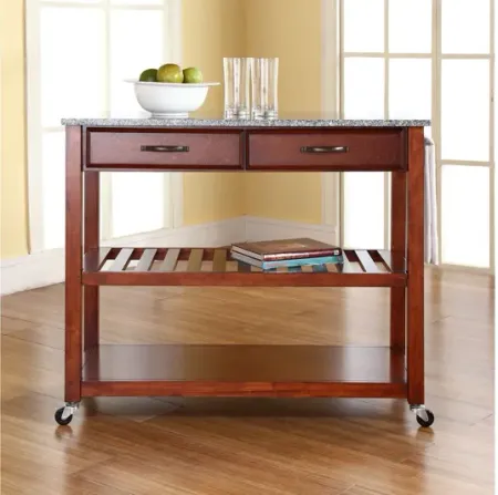 Solid Granite Top Kitchen Cart/Island with Optional Stool Storage in Classic Cherry