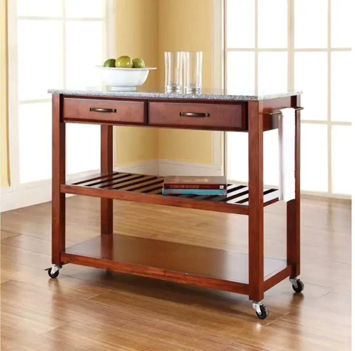 Solid Granite Top Kitchen Cart/Island with Optional Stool Storage in Classic Cherry