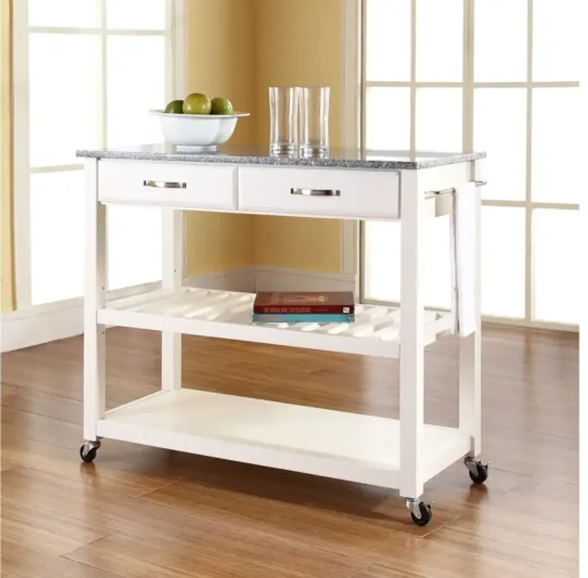 Solid Granite Top Kitchen Cart/Island with Optional Stool Storage in White