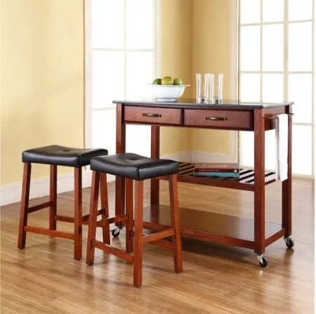 Solid Black Granite Top Kitchen Cart/Island in Classic Cherry with 24" Cherry Upholstered Saddle Stools