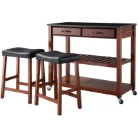 Solid Black Granite Top Kitchen Cart/Island in Classic Cherry with 24" Cherry Upholstered Saddle Stools