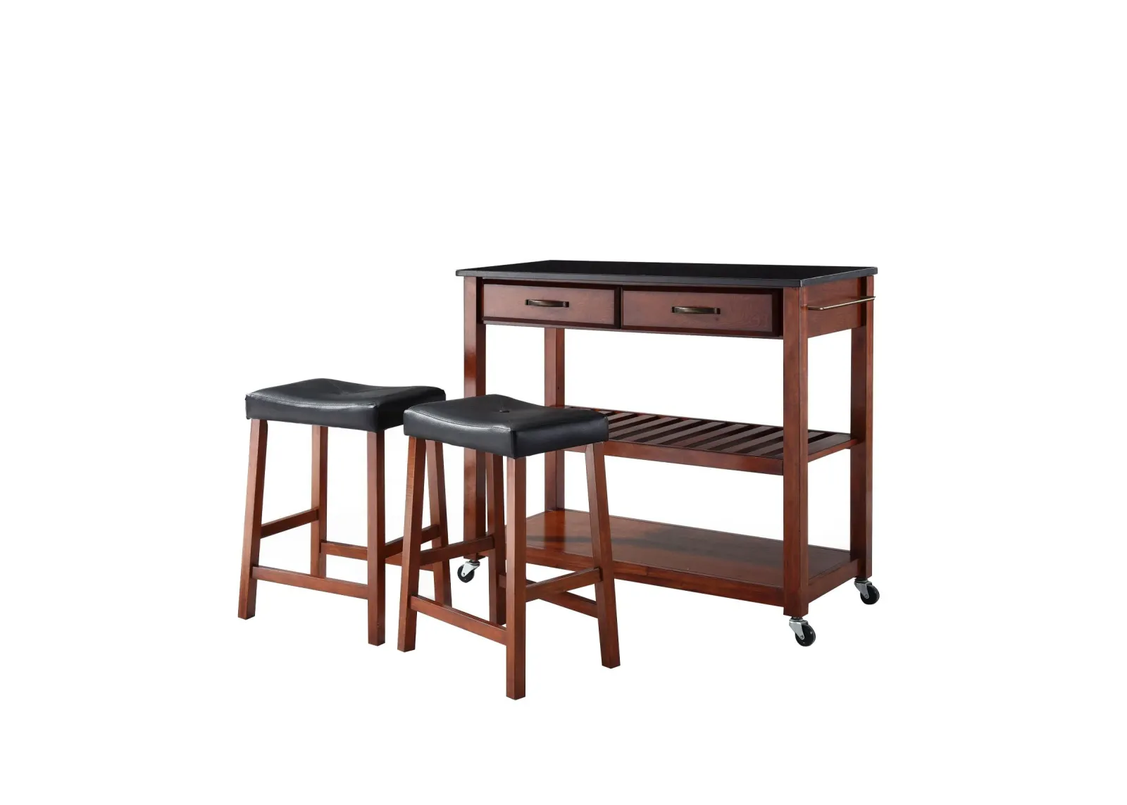 Solid Black Granite Top Kitchen Cart/Island in Classic Cherry with 24" Cherry Upholstered Saddle Stools