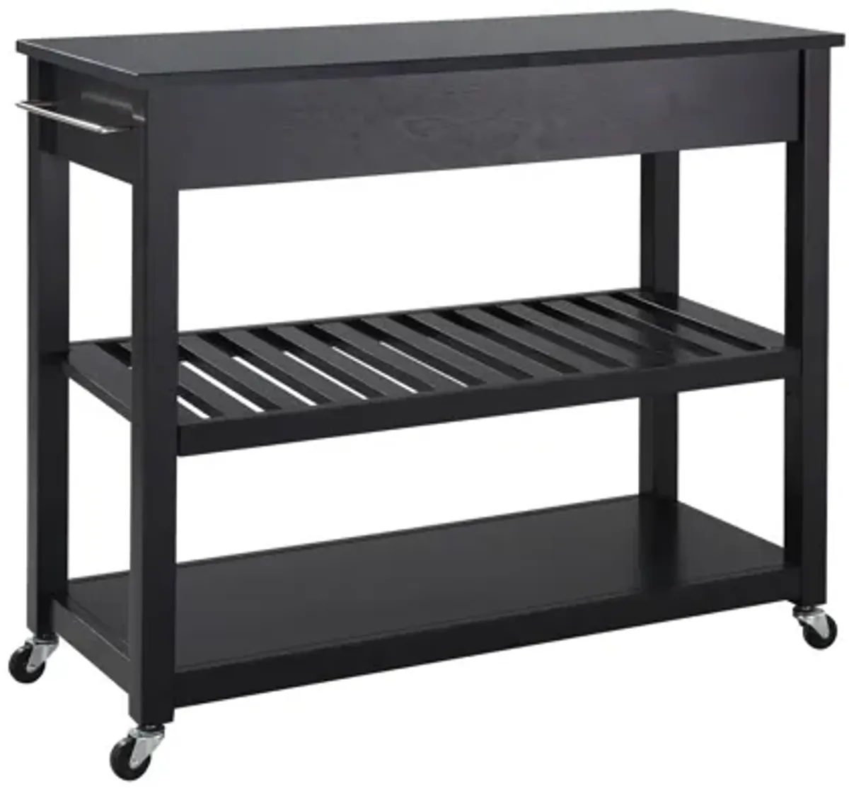 Solid Black Granite Top Kitchen Cart/Island with Optional Stool Storage in Black