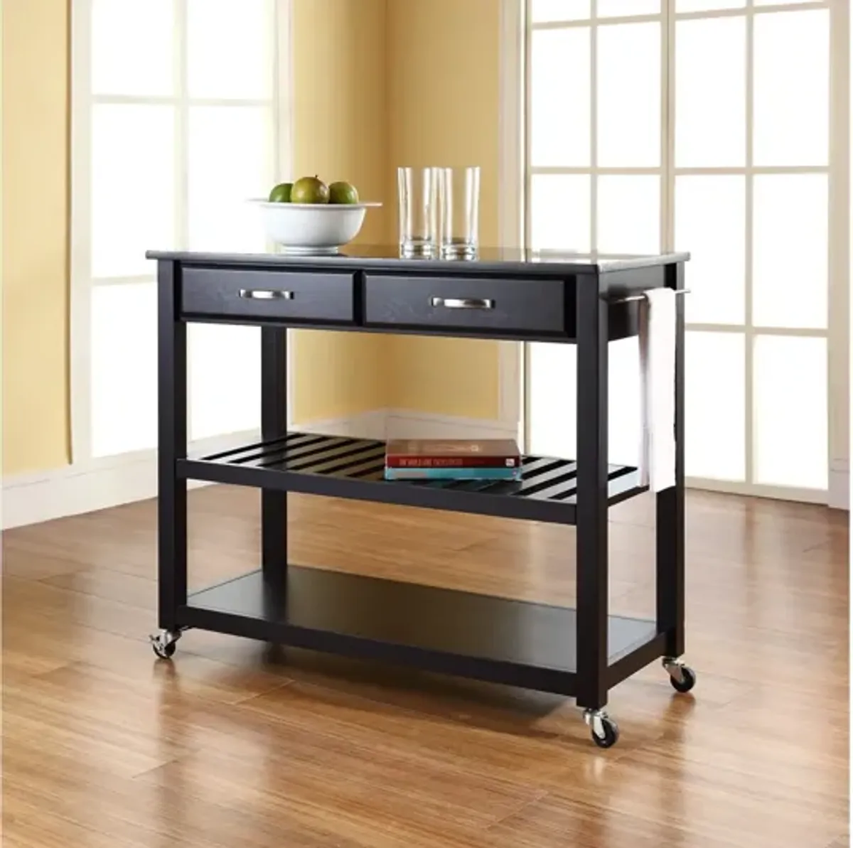 Solid Black Granite Top Kitchen Cart/Island with Optional Stool Storage in Black