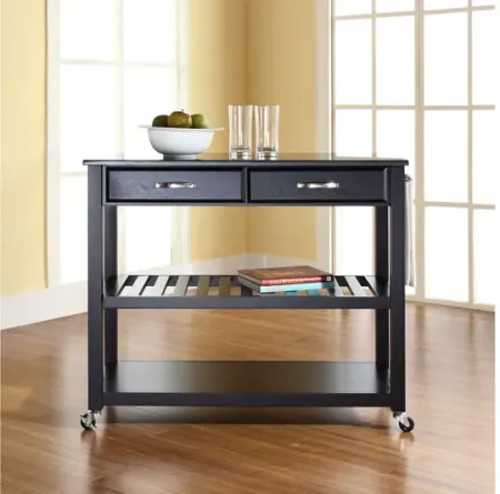 Solid Black Granite Top Kitchen Cart/Island with Optional Stool Storage in Black
