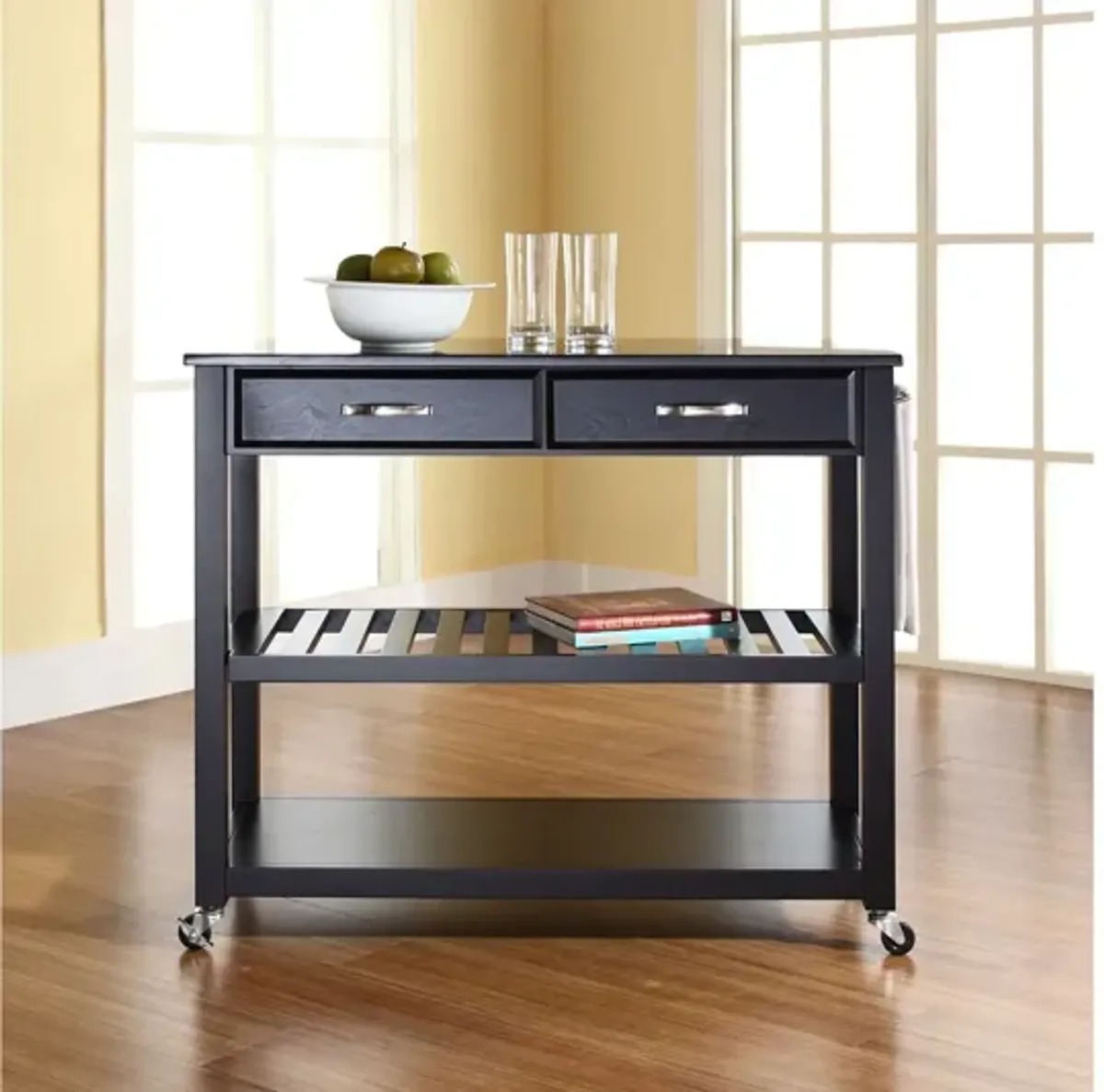 Solid Black Granite Top Kitchen Cart/Island with Optional Stool Storage in Black