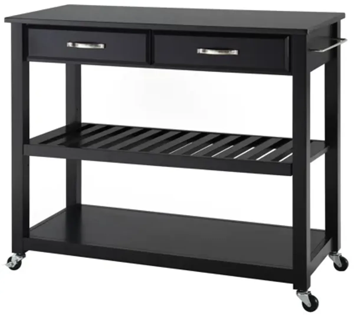 Solid Black Granite Top Kitchen Cart/Island with Optional Stool Storage in Black