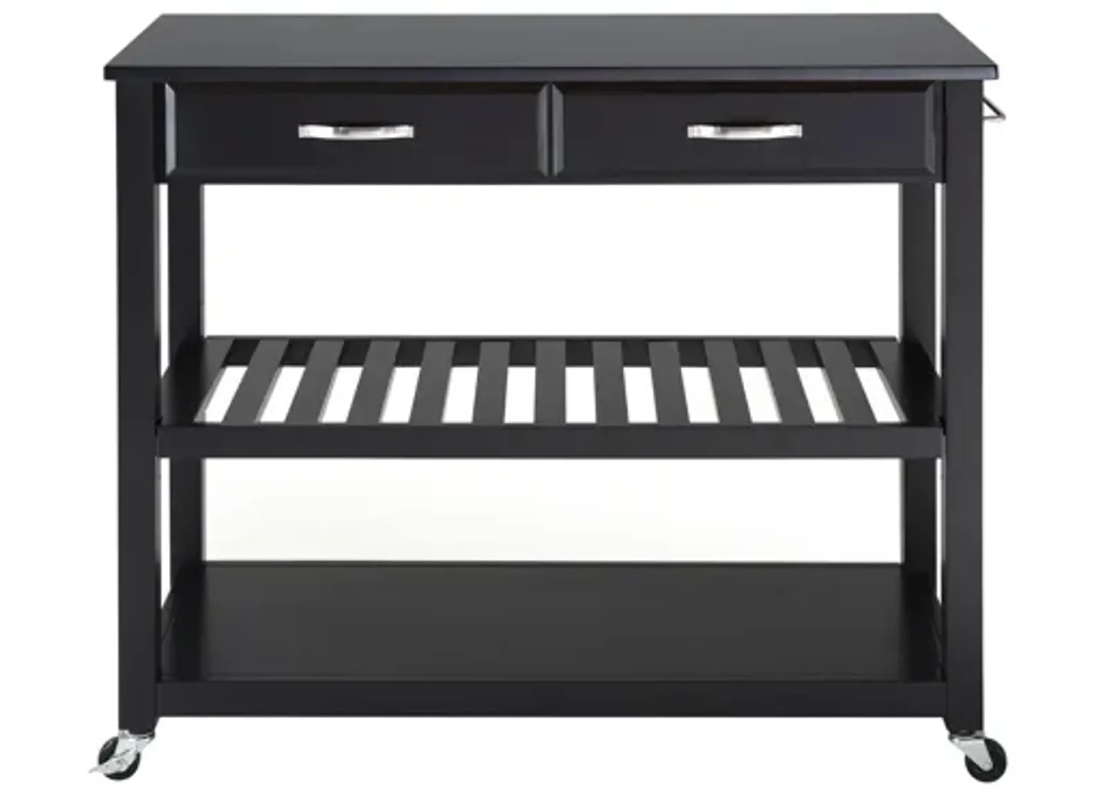 Solid Black Granite Top Kitchen Cart/Island with Optional Stool Storage in Black