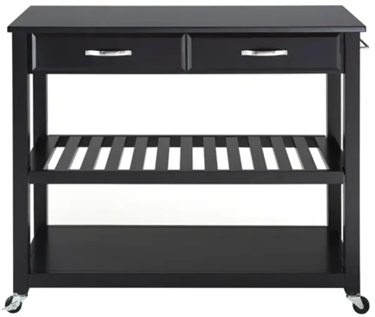 Solid Black Granite Top Kitchen Cart/Island with Optional Stool Storage in Black