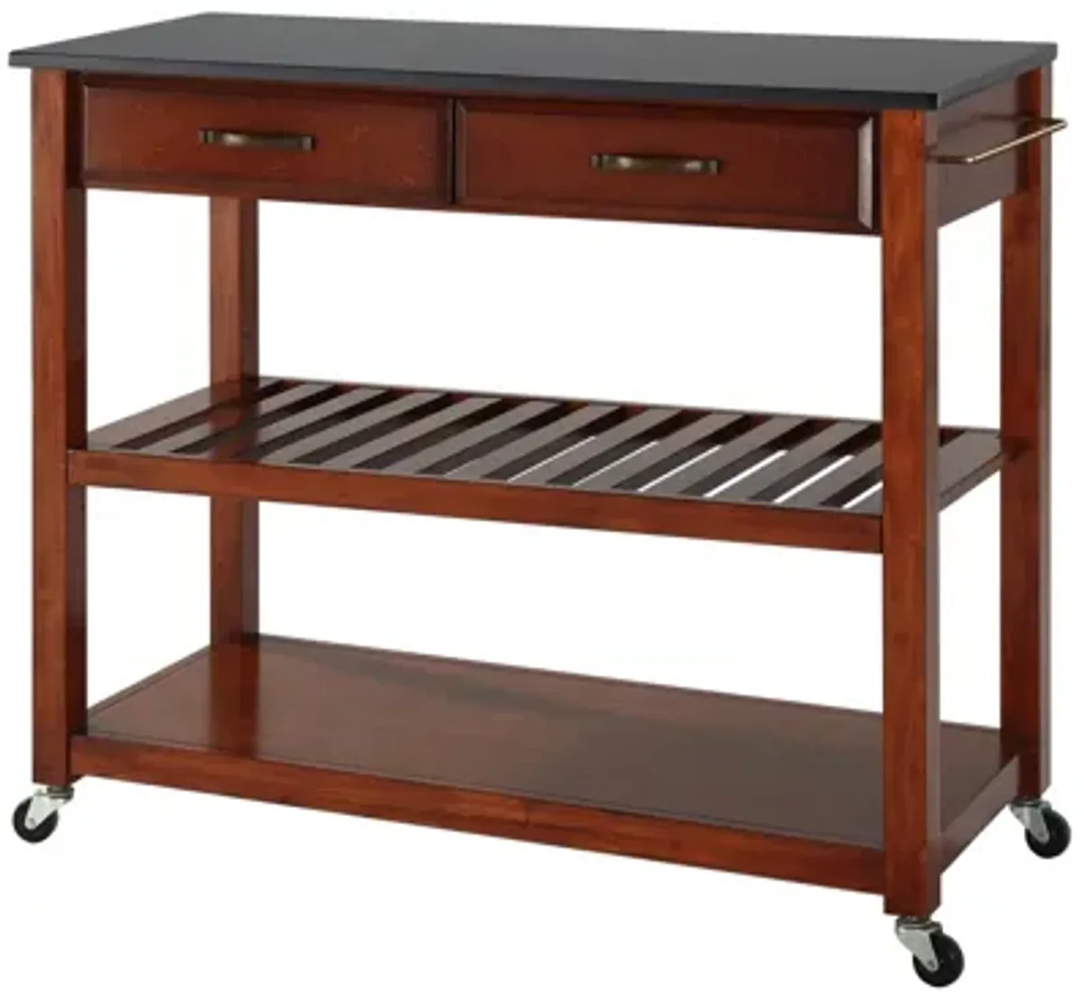 Solid Black Granite Top Kitchen Cart/Island with Optional Stool Storage in Cherry