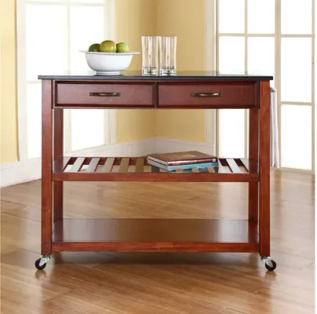 Solid Black Granite Top Kitchen Cart/Island with Optional Stool Storage in Cherry