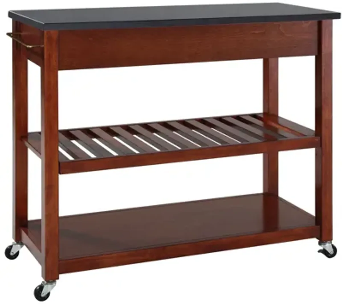 Solid Black Granite Top Kitchen Cart/Island with Optional Stool Storage in Cherry