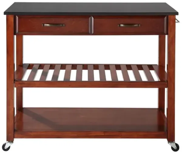 Solid Black Granite Top Kitchen Cart/Island with Optional Stool Storage in Cherry