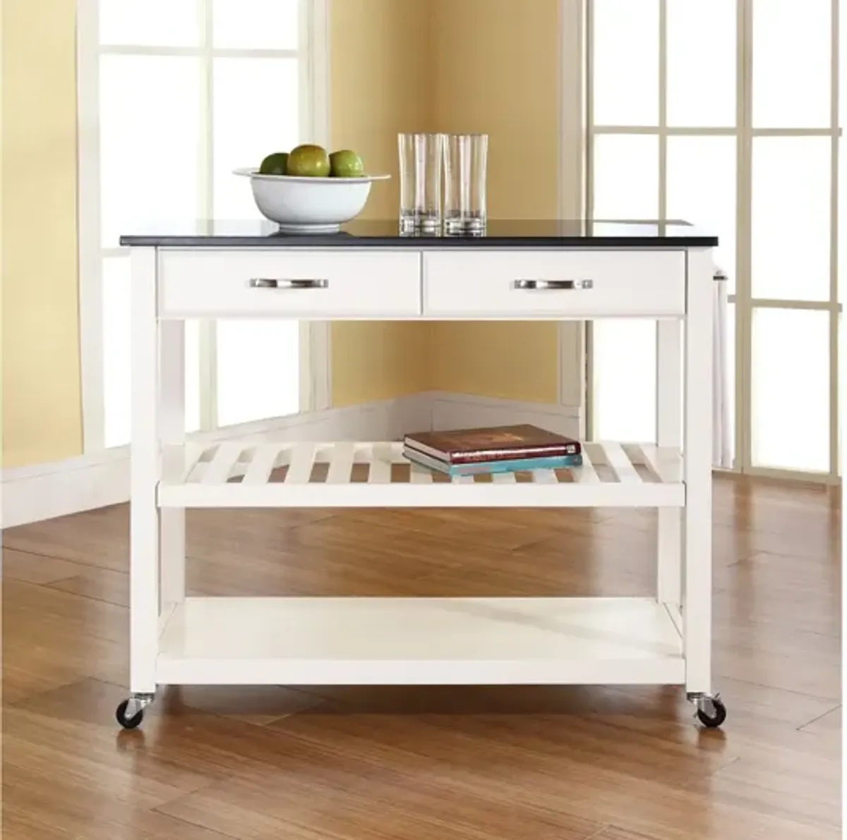 Solid Black Granite Top Kitchen Cart/Island with Optional Stool Storage in White