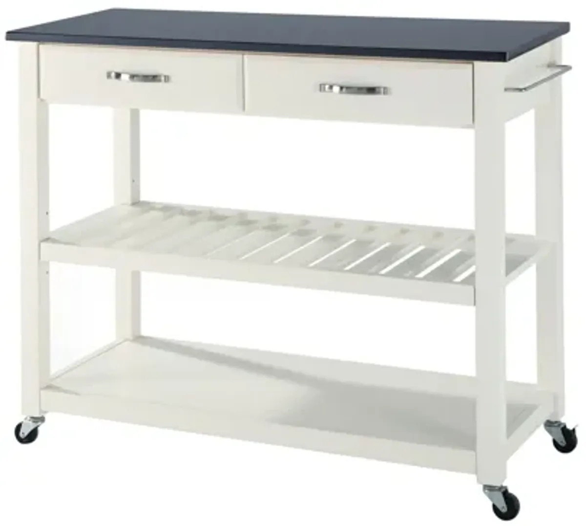 Solid Black Granite Top Kitchen Cart/Island with Optional Stool Storage in White