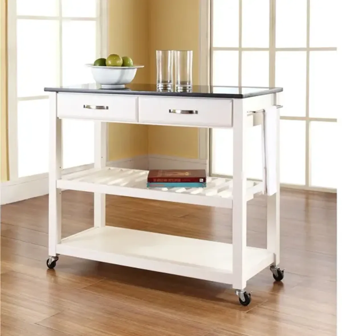 Solid Black Granite Top Kitchen Cart/Island with Optional Stool Storage in White