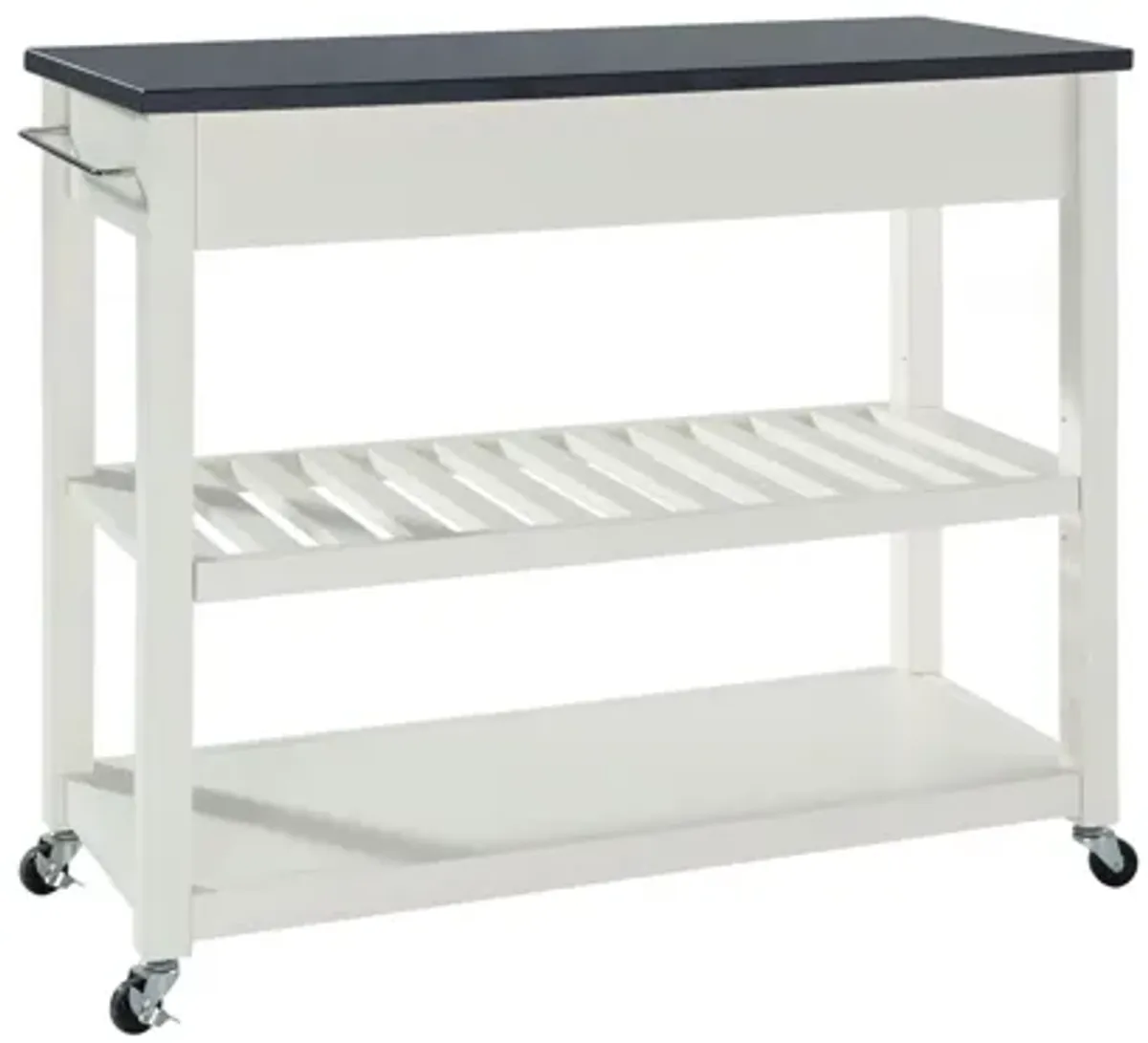 Solid Black Granite Top Kitchen Cart/Island with Optional Stool Storage in White