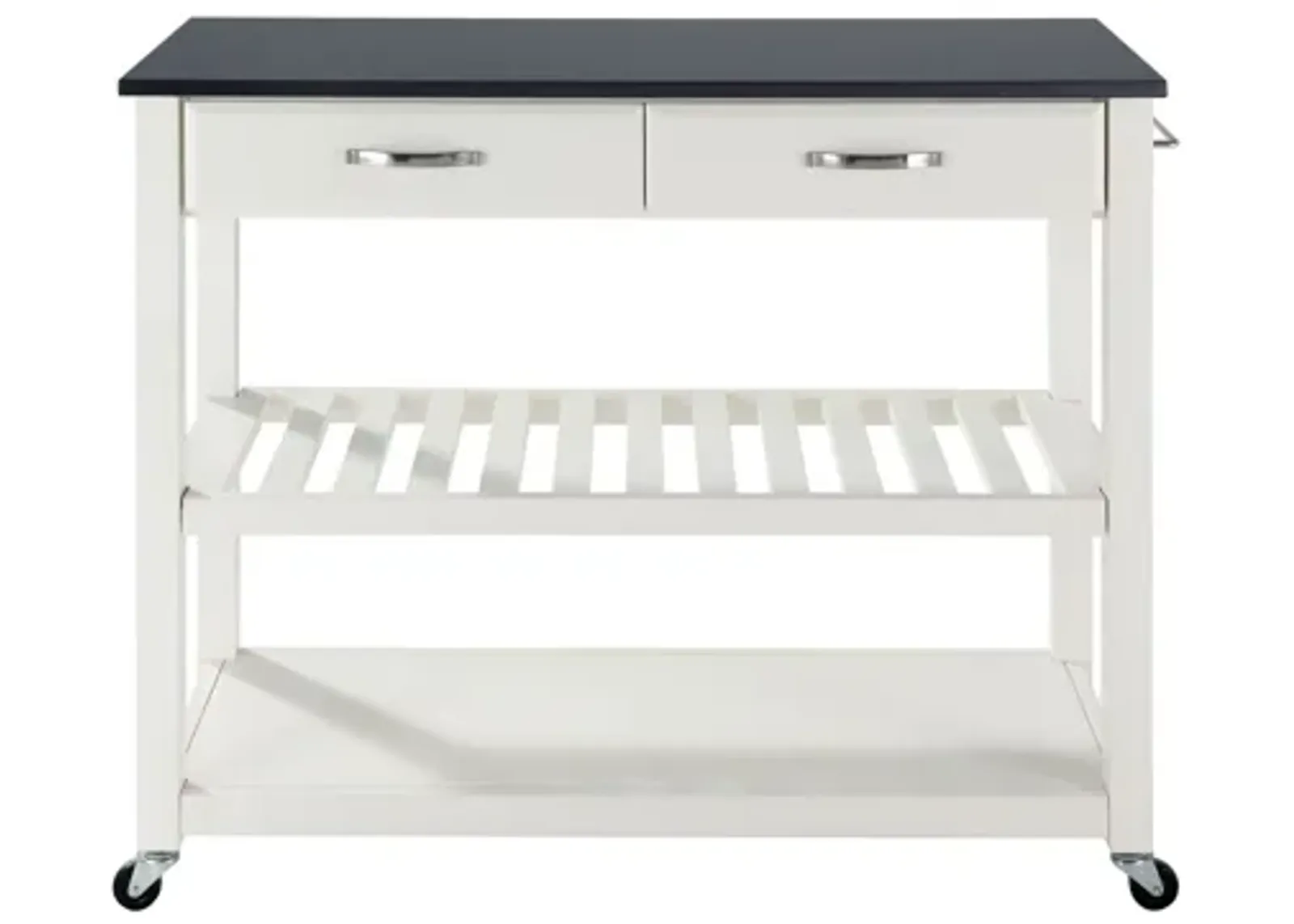 Solid Black Granite Top Kitchen Cart/Island with Optional Stool Storage in White