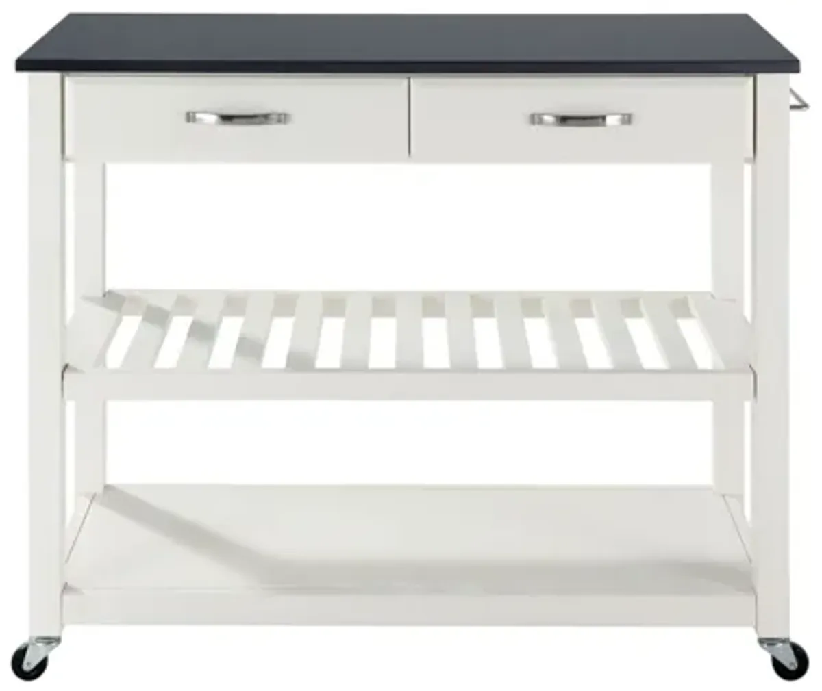 Solid Black Granite Top Kitchen Cart/Island with Optional Stool Storage in White