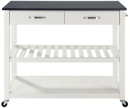 Solid Black Granite Top Kitchen Cart/Island with Optional Stool Storage in White