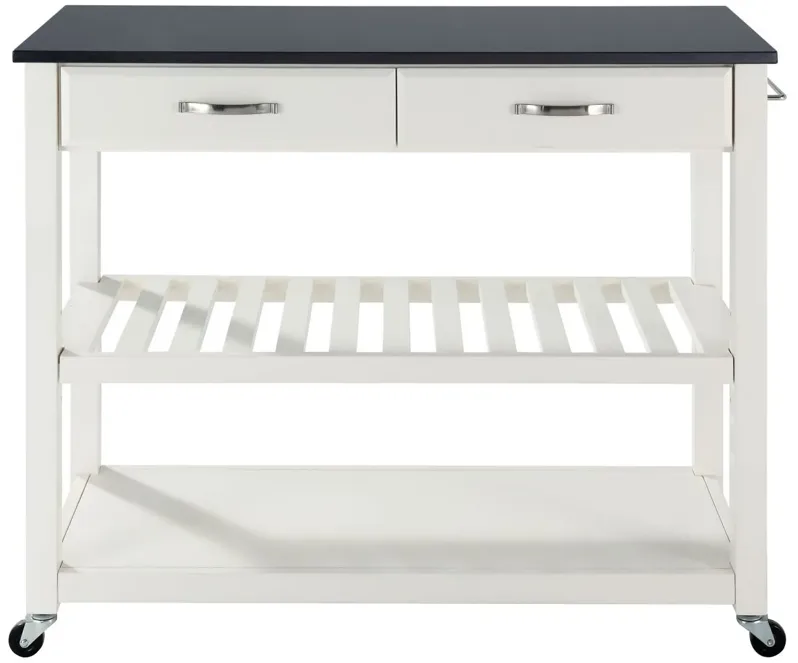 Solid Black Granite Top Kitchen Cart/Island with Optional Stool Storage in White