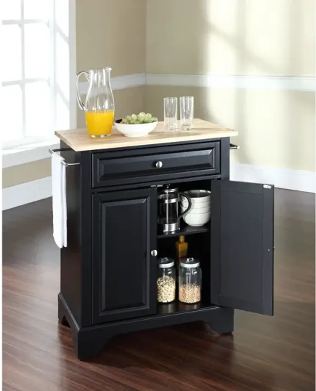 Lafayette Natural Wood Top Portable Kitchen Island in Black