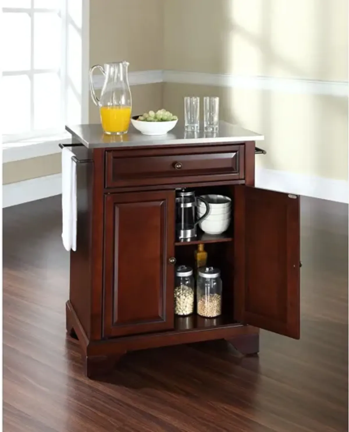 Lafayette Stainless Steel Top Portable Kitchen Island in Vintage Mahogany